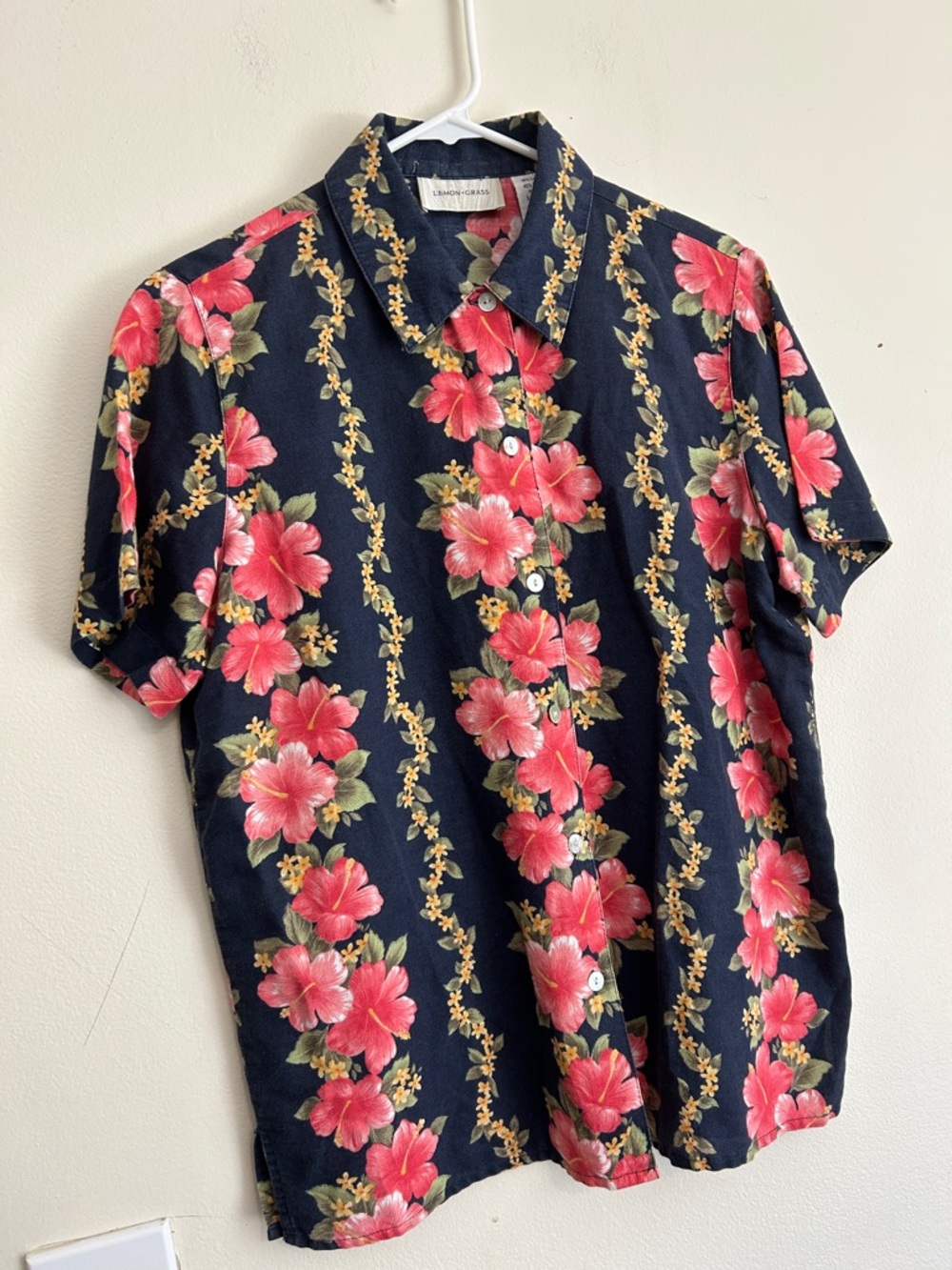 Vintage Lemon Grass Linen Navy and Pink Floral Button-Down Shirt